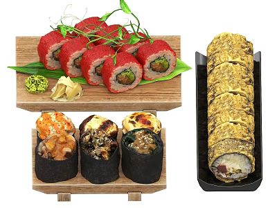 Assorted Sushi Rolls with Wasabi and Pickled Ginger Served on Wooden and Black Trays 3d model