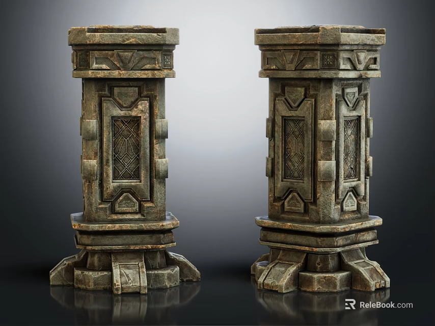 Two Carved Stone Pillars With Intricate Decorative Patterns And Vintage Textured Design 3d model 