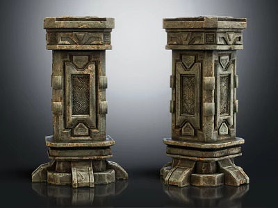 Two Carved Stone Pillars With Intricate Decorative Patterns And Vintage Textured Design 3d model