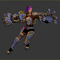 Game Character With Pink Hair And Blue Gold Mechanical Arms In Combat Stance