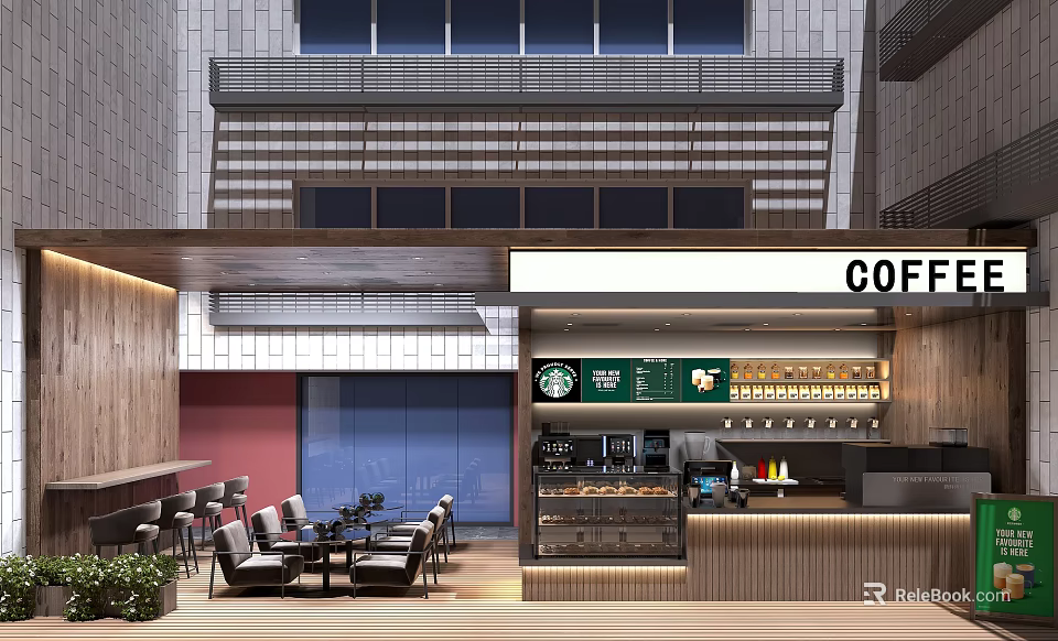 Modern Café Interior With Wooden Bar Counter Coffee Machines And Comfortable Seating Area 3d model 