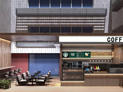 Modern Café Interior With Wooden Bar Counter Coffee Machines And Comfortable Seating Area 3d model