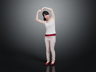 Woman Stretching Arms Overhead In White Polka Dot Top Beige Pants Red Belt Red Shoes 3d model