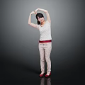 Woman Stretching Arms Overhead In White Polka Dot Top Beige Pants Red Belt Red Shoes