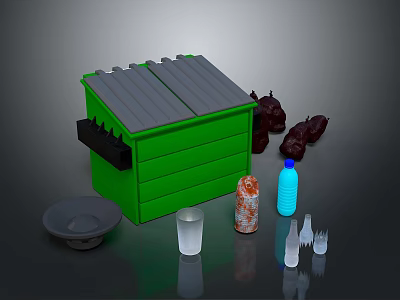 Green Storage Shed Structure With Gray Roof And Animal Figures Alongside Bottles Cups And Plate 3d model