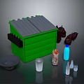 Green Storage Shed Structure With Gray Roof And Animal Figures Alongside Bottles Cups And Plate