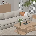 Beige Sofa And Wooden Coffee Table Set With Green Plant And Natural Light