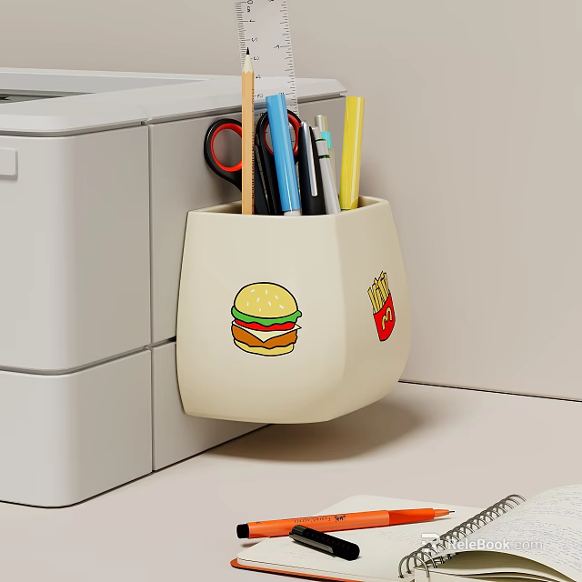 Beige Wall Mounted Pencil Holder With Hamburger Fries Design And Stationery Inside 3d model 