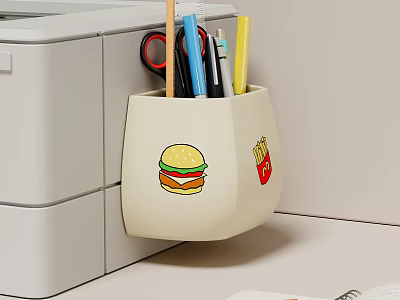 Beige Wall Mounted Pencil Holder With Hamburger Fries Design And Stationery Inside 3d model