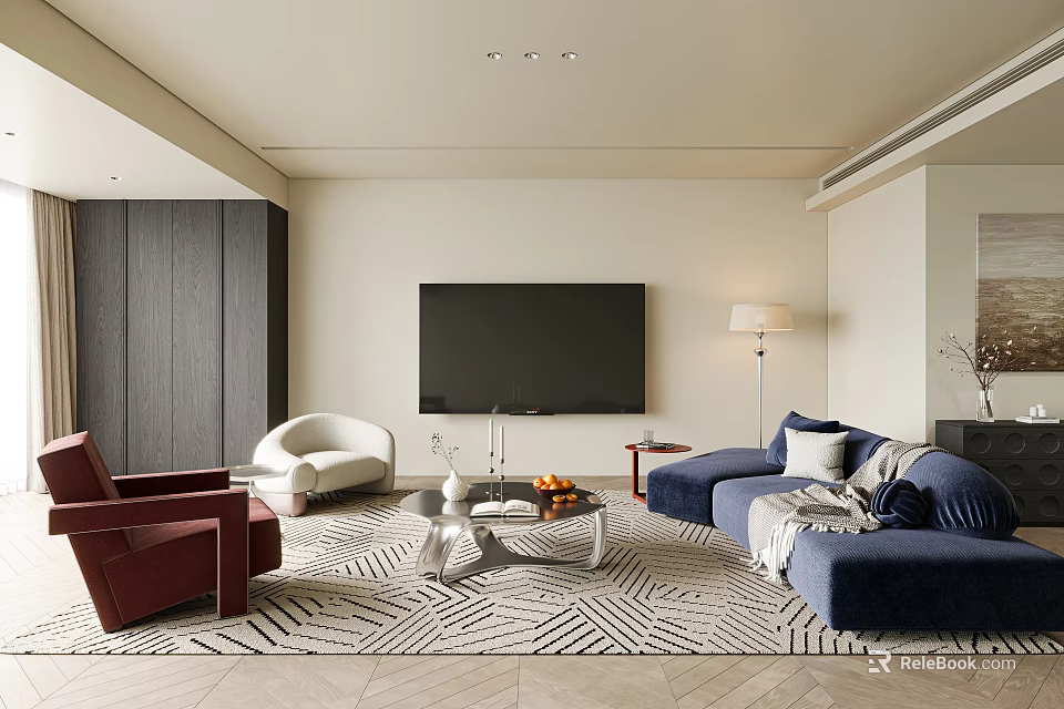 Modern Elegant Living Room Interior With Blue Sofa TV And Patterned Rug 3d model 