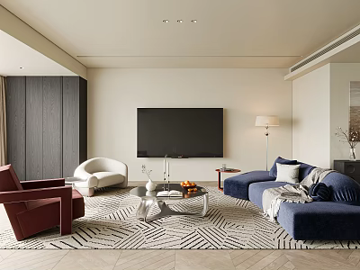 Modern Elegant Living Room Interior With Blue Sofa TV And Patterned Rug 3d model