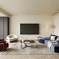 Modern Elegant Living Room Interior With Blue Sofa TV And Patterned Rug