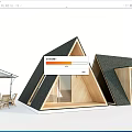 A frame Wooden Cabins With Outdoor Seating And Patio Umbrella Design