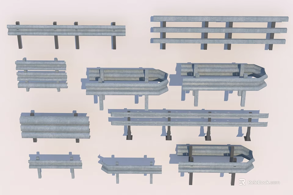 Different Shaped Road Safety Guardrails and Barrier Structures 3d model