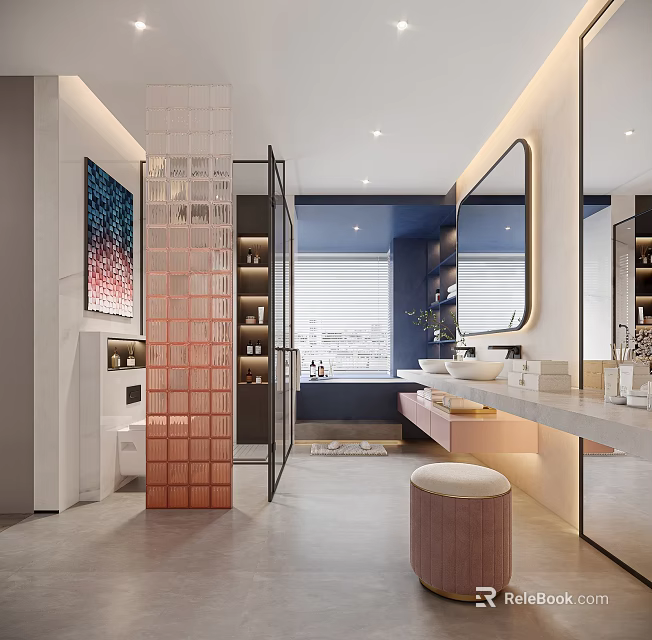 Modern Bathroom Interior With Glass Shower Partition Large Mirror Pink Wall Marble Vanity And Bathtub 3d model 