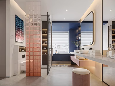 Modern Bathroom Interior With Glass Shower Partition Large Mirror Pink Wall Marble Vanity And Bathtub 3d model