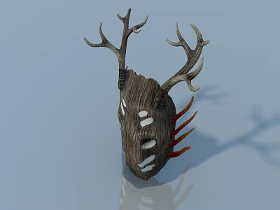 Wooden Mask With Deer Antlers White Patterns And Red Decorations On Blue Background With Reflection 3d model