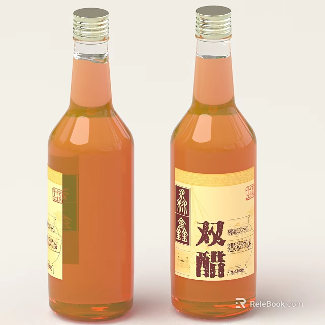 Two Bottles Of Chinese Vinegar With Orange Liquid In Transparent Bottles And Yellow Labels 3d model 