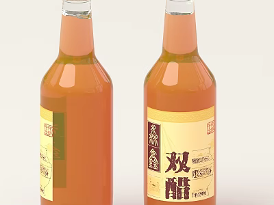 Two Bottles Of Chinese Vinegar With Orange Liquid In Transparent Bottles And Yellow Labels 3d model