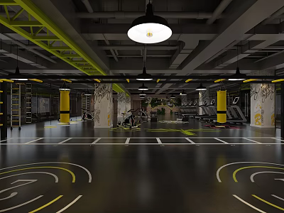 Spacious Modern Fitness Gym Interior Featuring Workout Equipment And Yellow Line Flooring 3d model