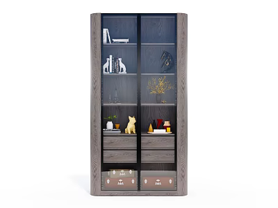 Dark Gray Wooden Storage Cabinet With Multiple Shelves Drawers Books And Decorative Items 3d model