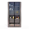 Dark Gray Wooden Storage Cabinet With Multiple Shelves Drawers Books And Decorative Items