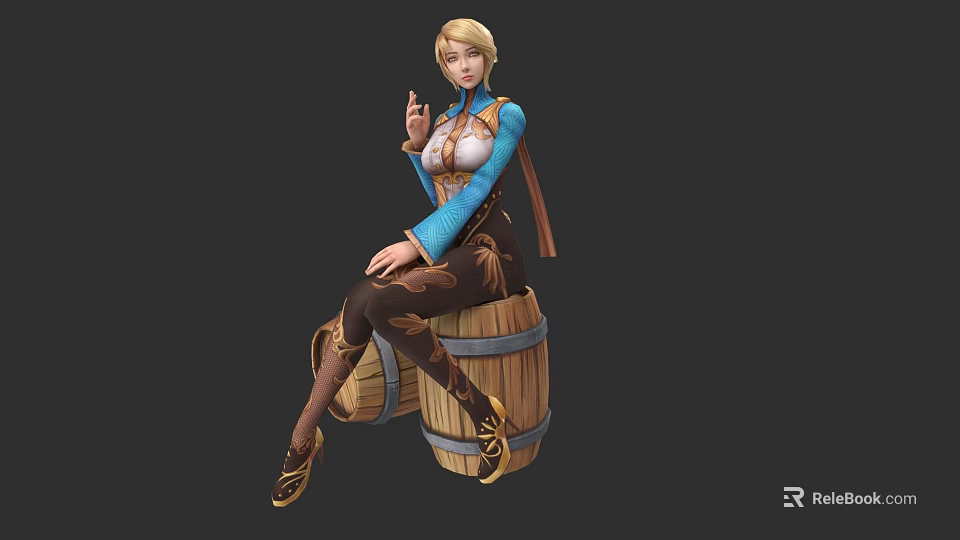 Blonde Female Game Character Sitting On Wooden Barrel With Blue Top And Pipe 3d model 