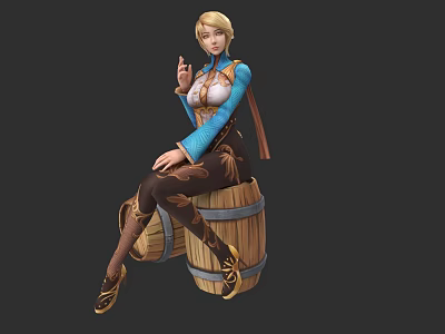Blonde Female Game Character Sitting On Wooden Barrel With Blue Top And Pipe 3d model