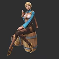 Blonde Female Game Character Sitting On Wooden Barrel With Blue Top And Pipe