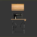 Old Fashioned Sewing Machine with Wooden Tabletop Black Metal Stand and Wooden Storage Case on Top