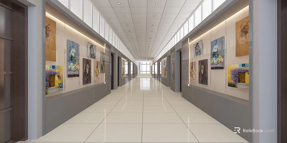 Modern Elevator Hallway with Artworks on Walls White Tiled Floor and Ceiling Lights 3d model 