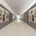 Modern Elevator Hallway with Artworks on Walls White Tiled Floor and Ceiling Lights