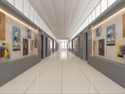 Modern Elevator Hallway with Artworks on Walls White Tiled Floor and Ceiling Lights 3d model