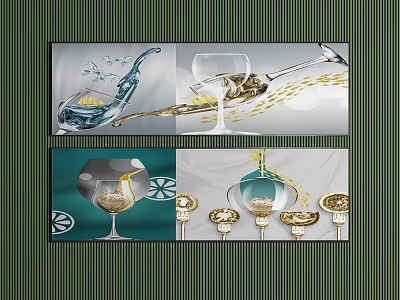Luxury Style Decorative Wall Paintings Featuring Wine Glasses Flowing Liquid And Lemon Slices 3d model