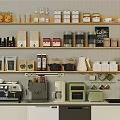 Organized Modern Kitchen Interior With Kitchenware Storage Shelves Coffee Machine Kettle Oven And Cabinets 3d model