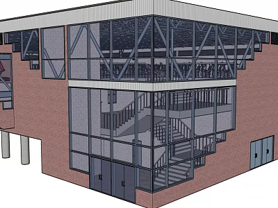 Modern Architectural Building With Red Brick Walls Large Glass Windows And Internal Staircase 3d model