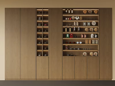 Modern Wooden Kitchen Storage Cabinet With Multiple Shelves And Organized Jars Containers 3d model