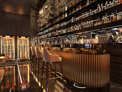 Modern Bar Interior with Metallic Counter Bar Stools and Wine Racks Full of Bottles 3d model