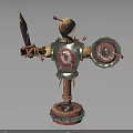 Straw Man Target Design With Wooden Sword Shield And Arrows On Base