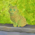 Orange Cat Doll With Big Eyes Sitting On Table Against Green Leaf Wall