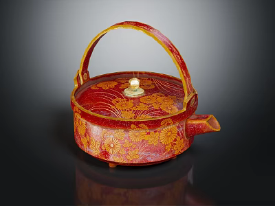 Red And Gold Patterned Teapot With Curved Handle And Decorative Lid Knob 3d model