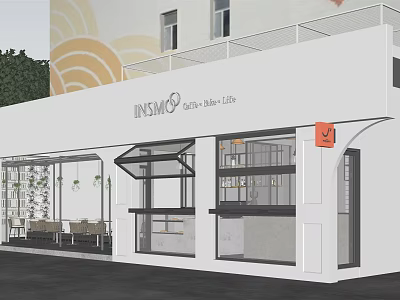 Modern Café Exterior With White Building Open Frontage Decorative Wall Elements And Outdoor Seating Area 3d model
