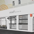 Modern Café Exterior With White Building Open Frontage Decorative Wall Elements And Outdoor Seating Area