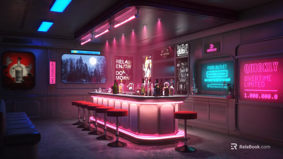Modern Bar Interior With Neon Lights Bar Counter Red Stools Pink Blue Lighting And Bottles 3d model 
