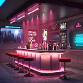 Modern Bar Interior With Neon Lights Bar Counter Red Stools Pink Blue Lighting And Bottles