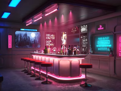 Modern Bar Interior With Neon Lights Bar Counter Red Stools Pink Blue Lighting And Bottles 3d model