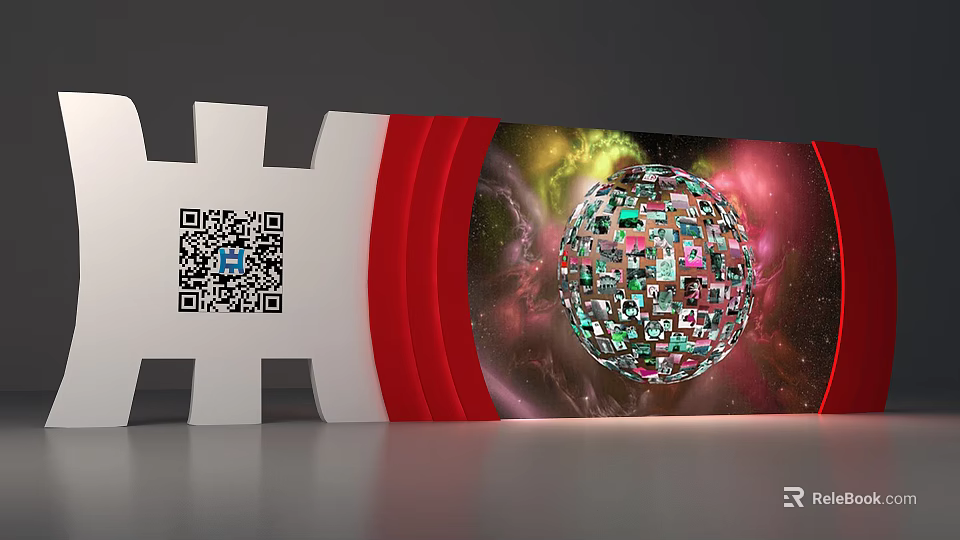 Modern Background Wall Design With Red Stripes Colorful Sphere QR Code And Starry Pattern 3d model