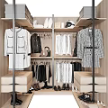 Modern Walk-in Closet Interior With Transparent Curtains Hanging Clothes Bags And Shoes