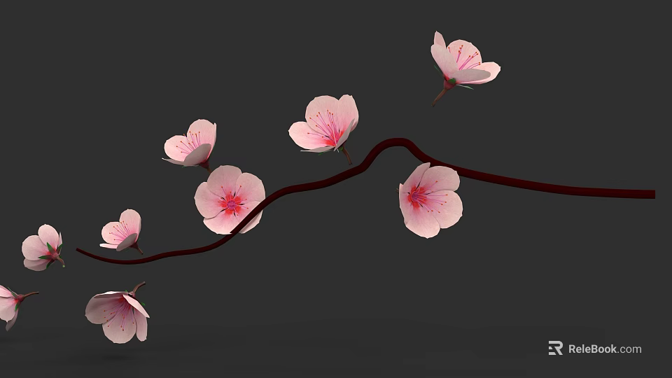 Beautiful Shrub With Curved Branches And Pink Flowers With Red Stamens 3d model 