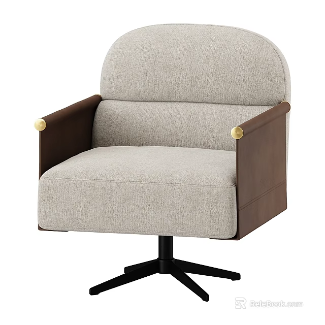 Single Sofa With Light Gray Fabric Dark Brown Armrests Golden Accents And Black Star Base 3d model 